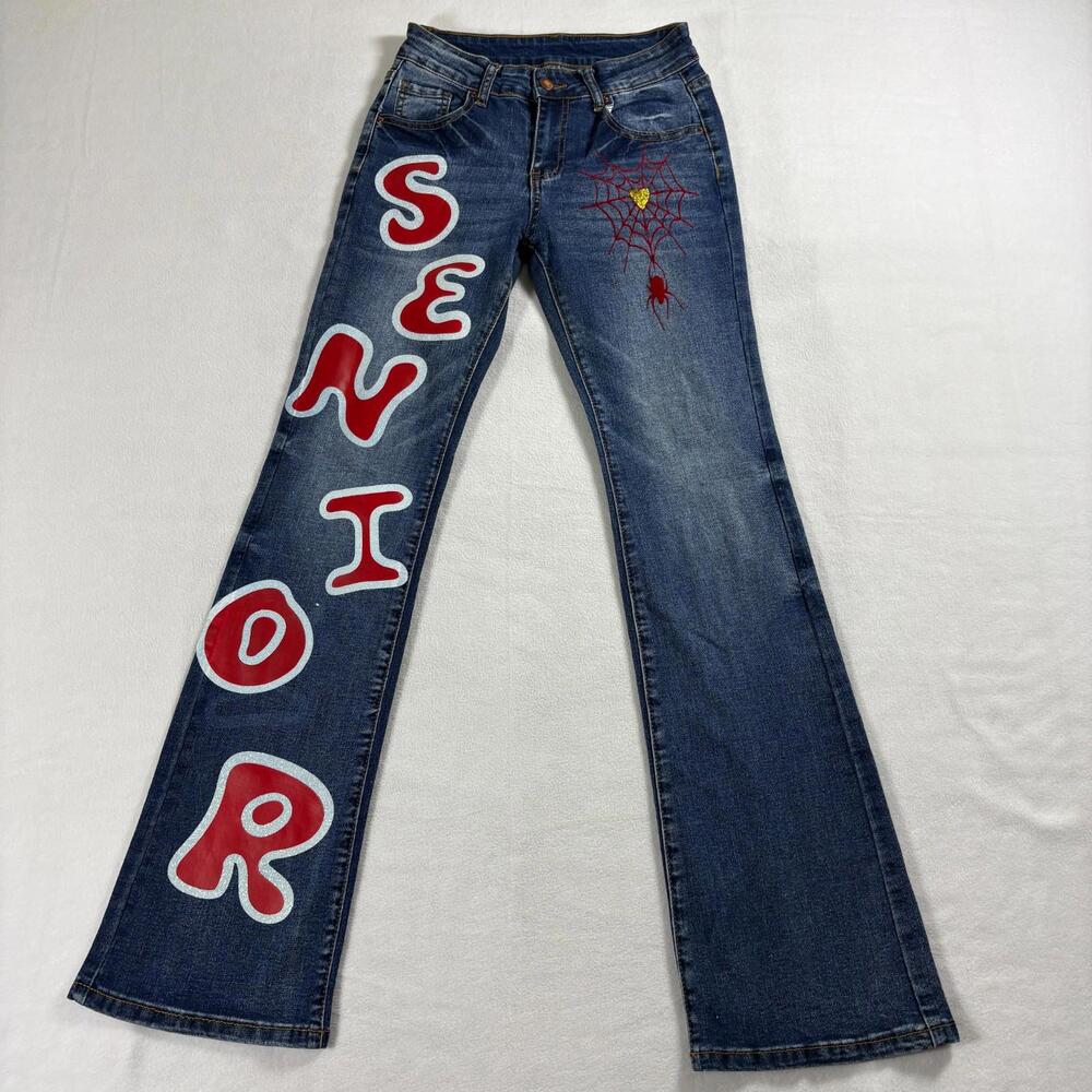 Y2K Senior 24 Custom Flare Jeans Spider Web Graphic Glitter Denim 90s